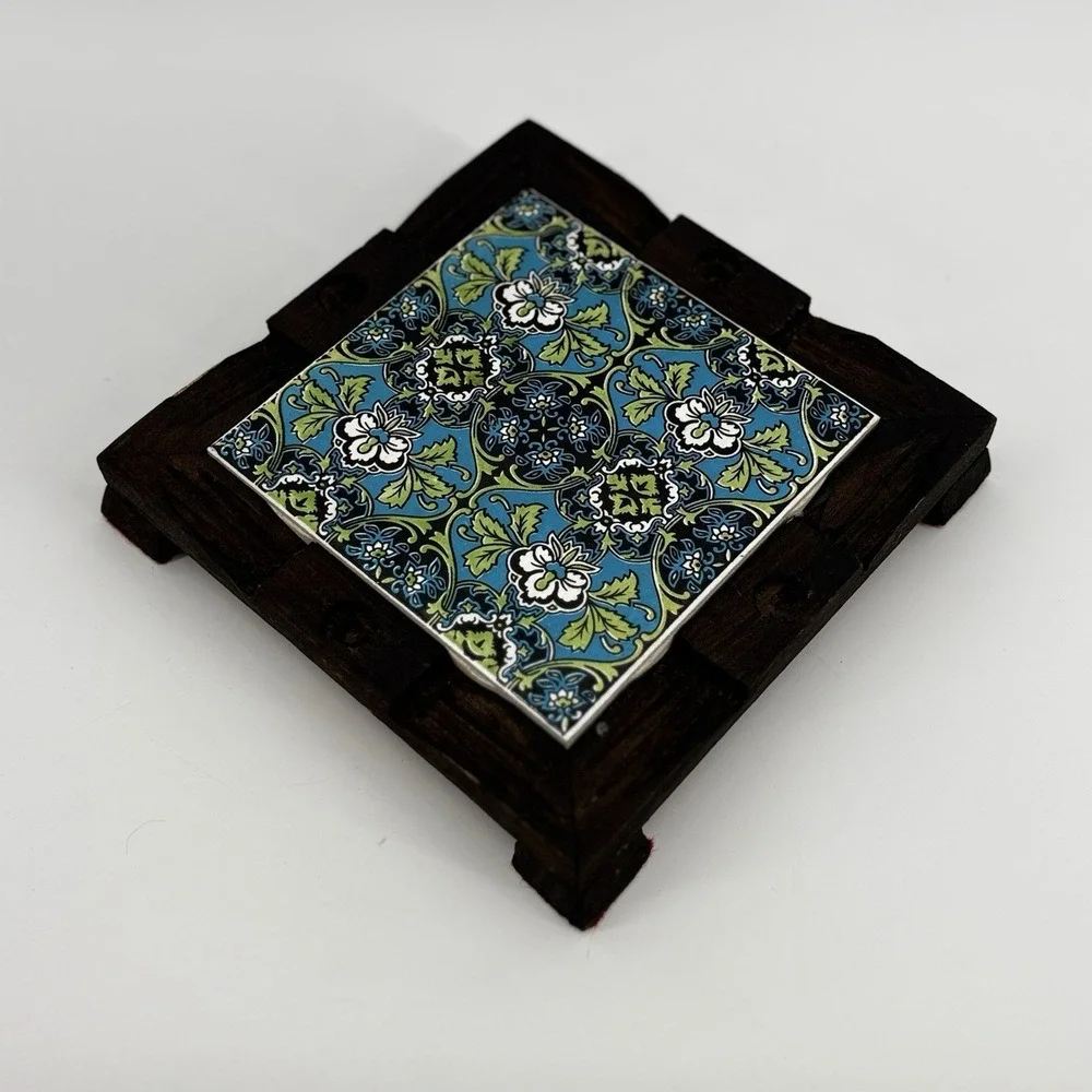 Mexican Talavera Tile Trivet Wood Frame Vintage Blue Green Decor Daltile Footed